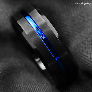 8mm Brushed Black Tungsten Carbide Band Ring Blue Line Bridal  Men's Jewelry