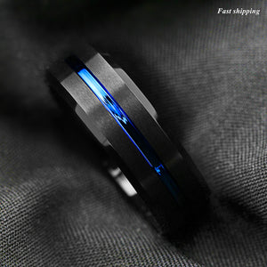 8mm Brushed Black Tungsten Carbide Band Ring Blue Line Bridal  Men's Jewelry