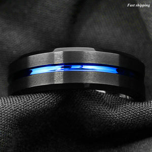 8mm Brushed Black Tungsten Carbide Band Ring Blue Line Bridal  Men's Jewelry