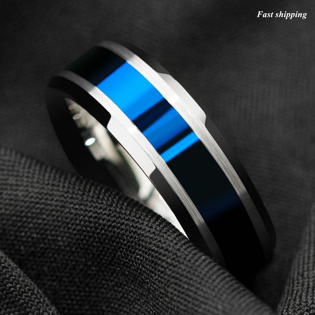8mm Tungsten Carbide Ring Blue Center silver Brushed Edge Band Ring