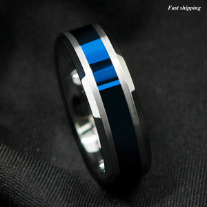 8mm Tungsten Carbide Ring Blue Center silver Brushed Edge Band Ring