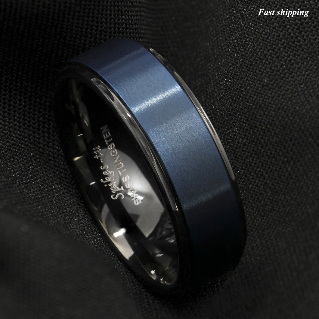 8mm Black Tungsten Carbide Ring Sea Blue Brushed Center Bridal Band  Men Jewelry