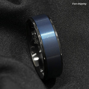 8mm Black Tungsten Carbide Ring Sea Blue Brushed Center Bridal Band  Men Jewelry