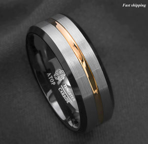 8/6mm Silver Brushed Black edge Tungsten Ring Gold Stripe  mens wedding band