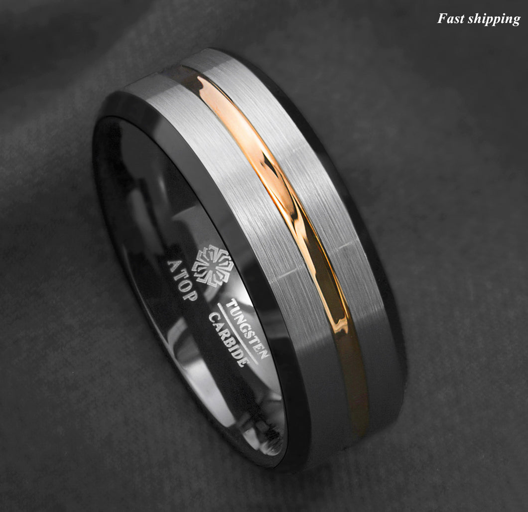 8/6mm Silver Brushed Black edge Tungsten Ring Gold Stripe  mens wedding band