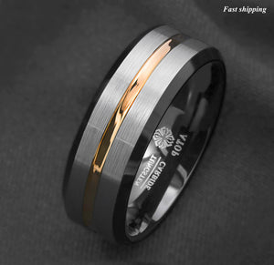 8/6mm Silver Brushed Black edge Tungsten Ring Gold Stripe  mens wedding band