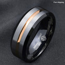 Load image into Gallery viewer, 8/6mm Silver Brushed Black edge Tungsten Ring Gold Stripe  mens wedding band
