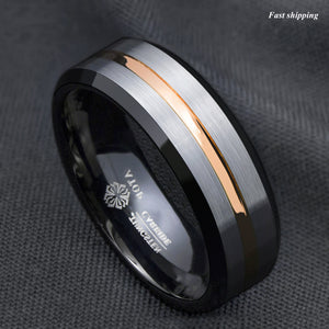 8/6mm Silver Brushed Black edge Tungsten Ring Gold Stripe  mens wedding band