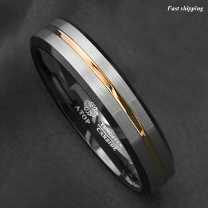 8/6mm Silver Brushed Black edge Tungsten Ring Gold Stripe  mens wedding band
