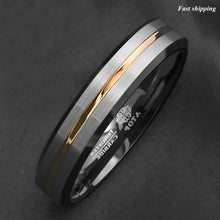 Load image into Gallery viewer, 8/6mm Silver Brushed Black edge Tungsten Ring Gold Stripe  mens wedding band
