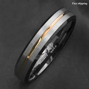 8/6mm Silver Brushed Black edge Tungsten Ring Gold Stripe  mens wedding band