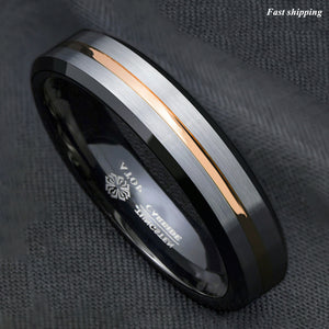 8/6mm Silver Brushed Black edge Tungsten Ring Gold Stripe  mens wedding band