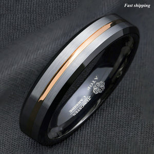 8/6mm Silver Brushed Black edge Tungsten Ring Gold Stripe  mens wedding band