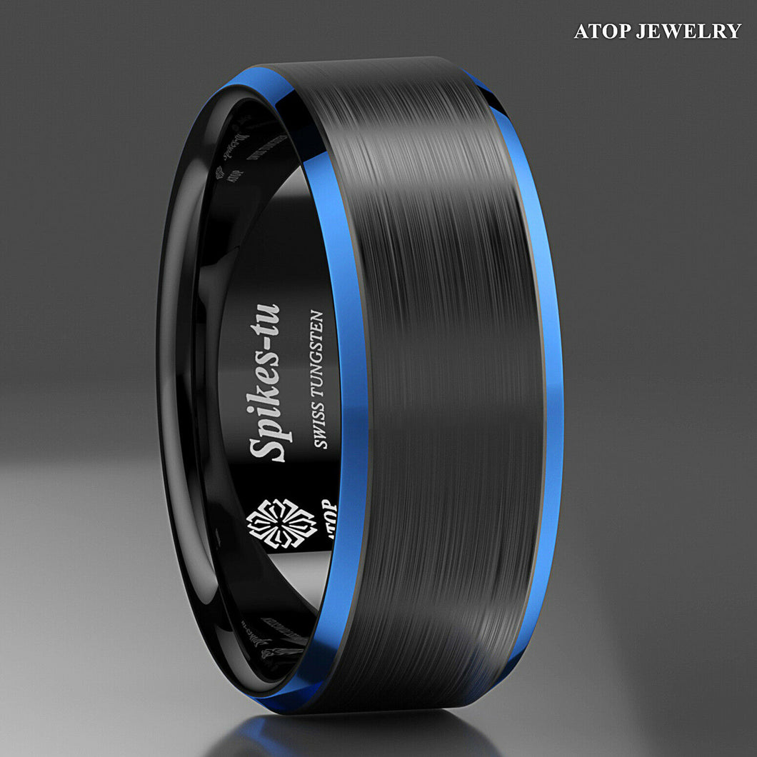 8mm Black Brushed Blue Edge Tungsten Carbide Ring Wedding Band  Mens ring