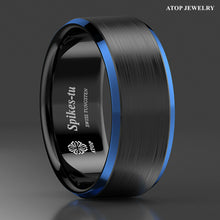 Load image into Gallery viewer, 8mm Black Brushed Blue Edge Tungsten Carbide Ring Wedding Band  Mens ring
