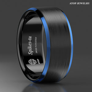 8mm Black Brushed Blue Edge Tungsten Carbide Ring Wedding Band  Mens ring