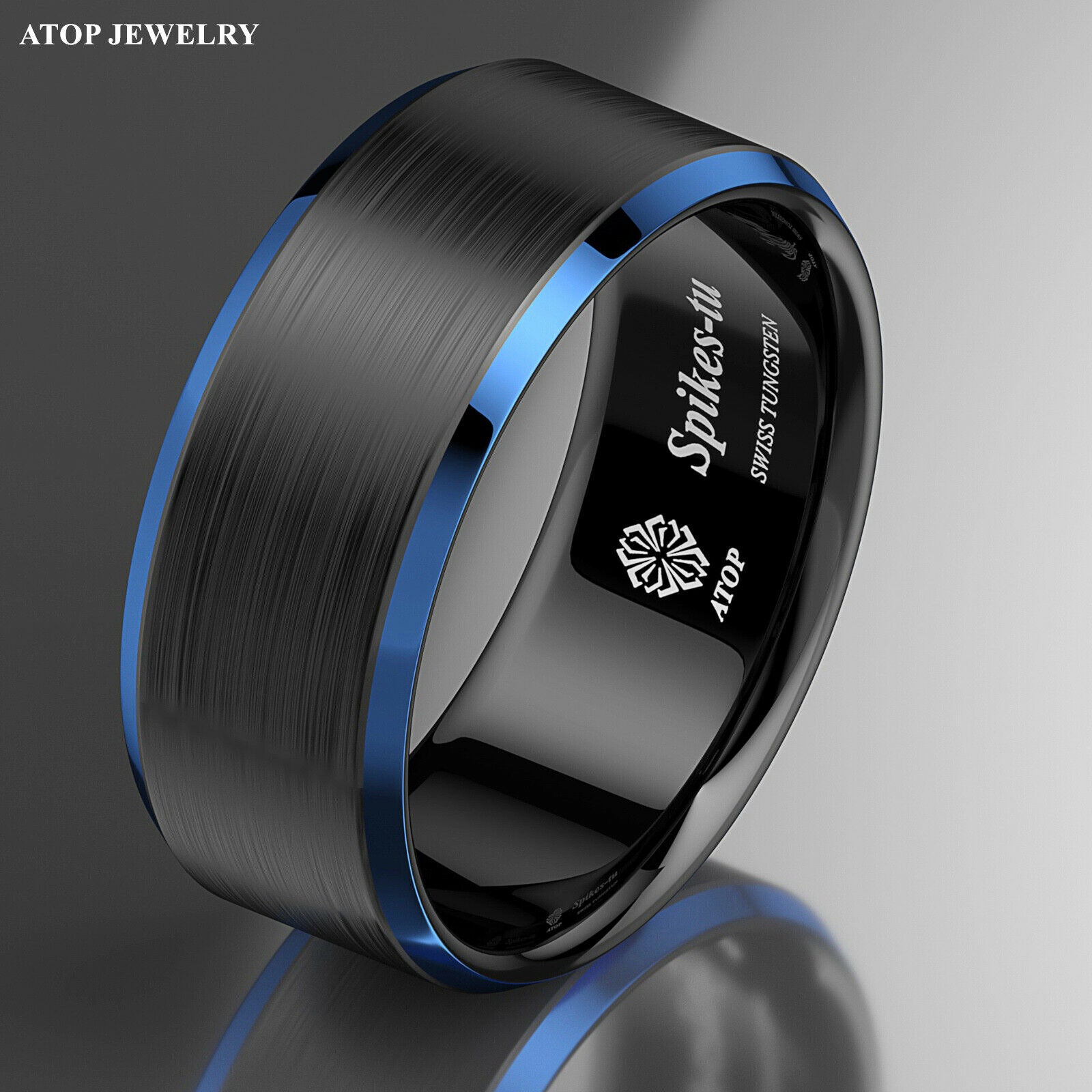 MZZJ Free Engraved Personalized Couple Matching Ring Brushed 8MM Two-tone  Black Blue Tungsten Carbide Step Edge Wedding Rings for Him Her,Anniversary