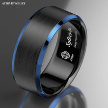 Load image into Gallery viewer, 8mm Black Brushed Blue Edge Tungsten Carbide Ring Wedding Band  Mens ring
