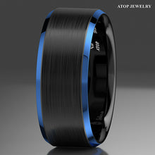 Load image into Gallery viewer, 8mm Black Brushed Blue Edge Tungsten Carbide Ring Wedding Band  Mens ring
