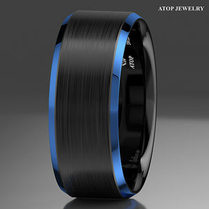 8mm Black Brushed Blue Edge Tungsten Carbide Ring Wedding Band  Mens ring