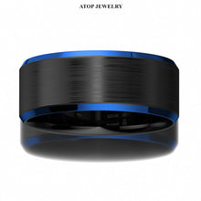 Load image into Gallery viewer, 8mm Black Brushed Blue Edge Tungsten Carbide Ring Wedding Band  Mens ring
