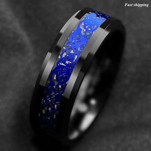 8mm Tungsten Carbide Ring Blue Celtic Dragon Black carbon fibre  ring