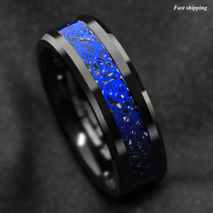 8mm Tungsten Carbide Ring Blue Celtic Dragon Black carbon fibre  ring