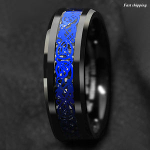 8mm Tungsten Carbide Ring Blue Celtic Dragon Black carbon fibre  ring