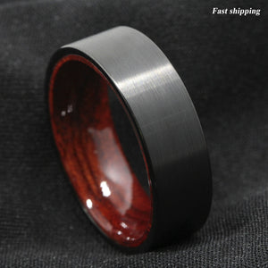 8mm Black Brushed Tungsten Red Sandal Wood Inlay Wedding Band Ring Men's Jewelry