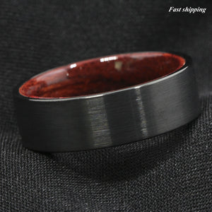 8mm Black Brushed Tungsten Red Sandal Wood Inlay Wedding Band Ring Men's Jewelry