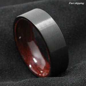 8mm Black Brushed Tungsten Red Sandal Wood Inlay Wedding Band Ring Men's Jewelry