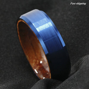 8mm Blue Brushed Tungsten Red Sandal Wood Inlay Wedding Band Ring Men's Jewelry