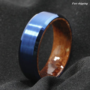 8mm Blue Brushed Tungsten Red Sandal Wood Inlay Wedding Band Ring Men's Jewelry