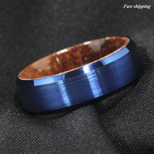 8mm Blue Brushed Tungsten Red Sandal Wood Inlay Wedding Band Ring Men's Jewelry