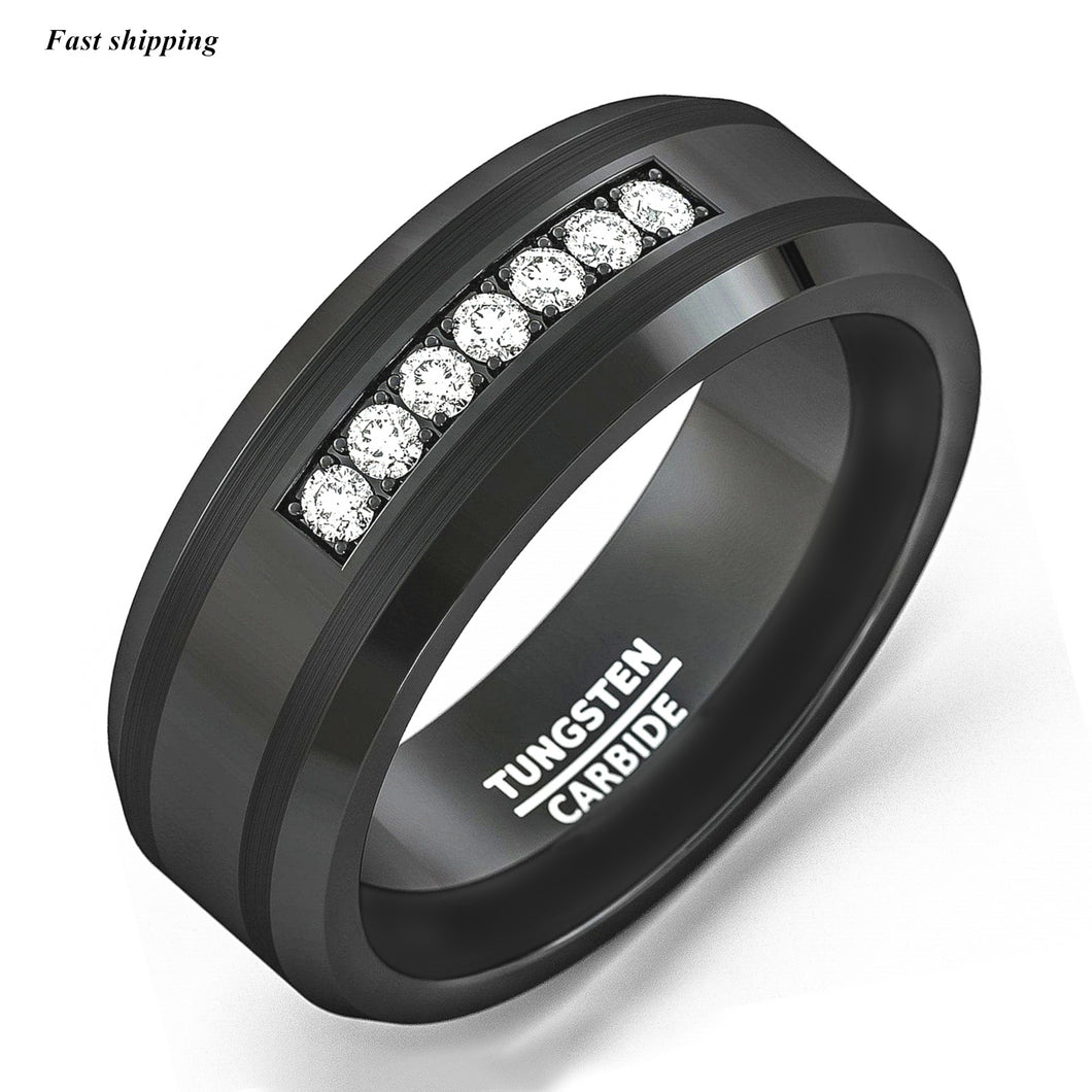 8mm Black Tungsten Carbide Ring Diamonds Inlay Comfort Fit  MEN Wedding Band