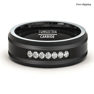 8mm Black Tungsten Carbide Ring Diamonds Inlay Comfort Fit  MEN Wedding Band