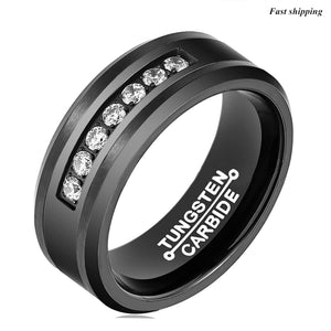 8mm Black Tungsten Carbide Ring Diamonds Inlay Comfort Fit  MEN Wedding Band