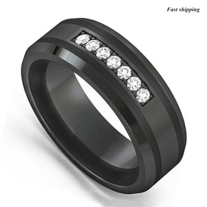 8mm Black Tungsten Carbide Ring Diamonds Inlay Comfort Fit  MEN Wedding Band