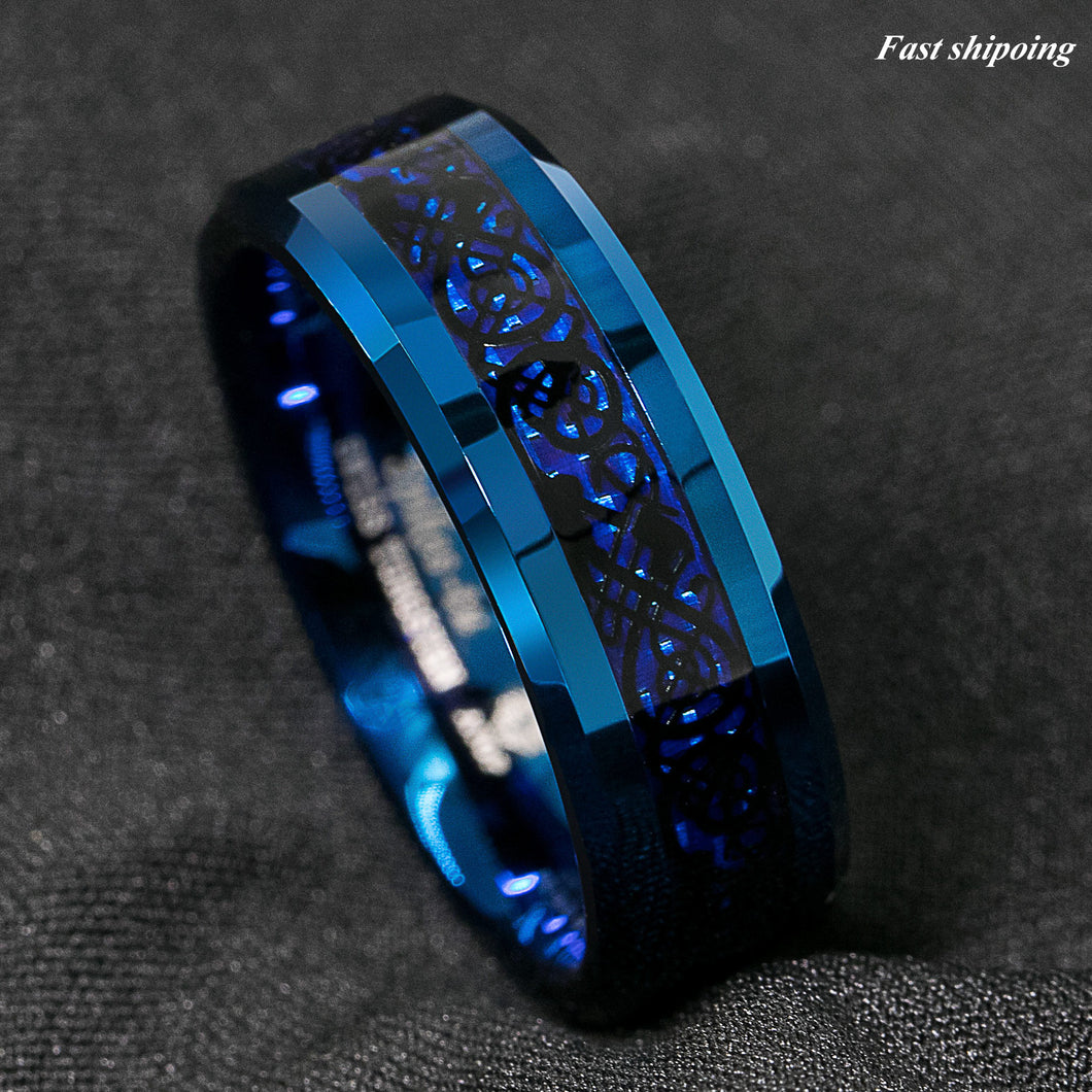 8mm Tungsten Ring – Black With Blue Celtic Dragon & Carbon Fiber Inlay, Comfort Fit