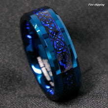 Load image into Gallery viewer, 8mm Blue Tungsten Carbide Ring Carbon Fibre Black Celtic Dragon Men&#39;s Jewelry
