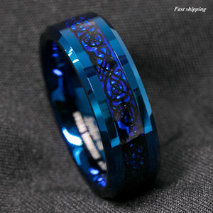 8mm Blue Tungsten Carbide Ring Carbon Fibre Black Celtic Dragon Men's Jewelry