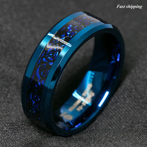 8mm Blue Tungsten Carbide Ring Carbon Fibre Black Celtic Dragon Men's Jewelry