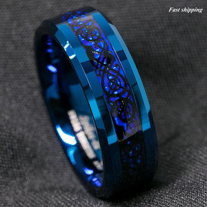 8mm Blue Tungsten Carbide Ring Carbon Fibre Black Celtic Dragon Men's Jewelry