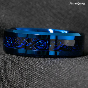 8mm Blue Tungsten Carbide Ring Carbon Fibre Black Celtic Dragon Men's Jewelry