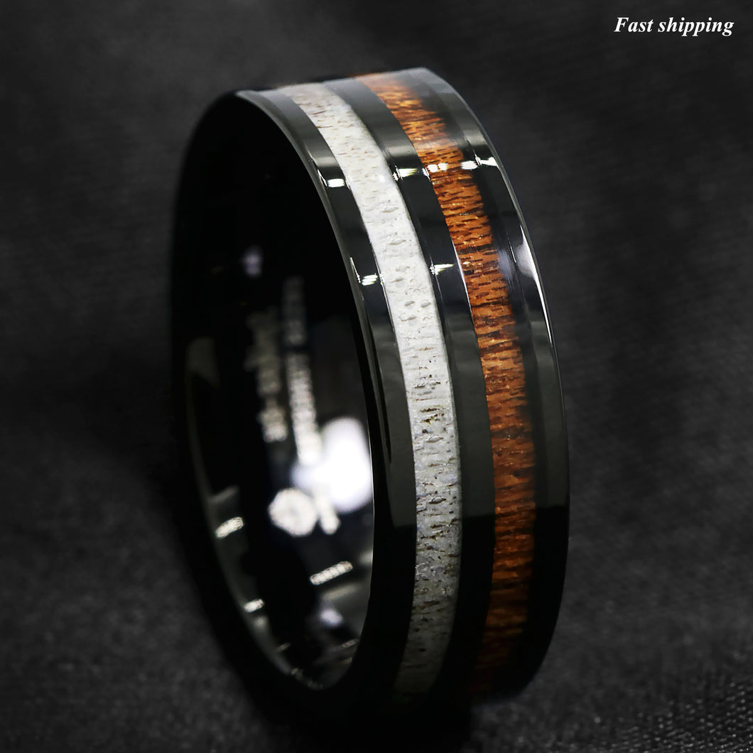 8mm Black Tungsten Carbide Ring Deer Antler and Koa Wood Inlay  Wedding Band