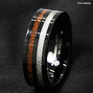 8mm Black Tungsten Carbide Ring Deer Antler and Koa Wood Inlay  Wedding Band