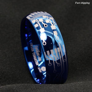 8mm Shiny Blue Dome Tungsten Carbide Ring Laser Circuit Board  Men's Jewelry