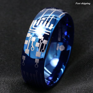8mm Shiny Blue Dome Tungsten Carbide Ring Laser Circuit Board  Men's Jewelry