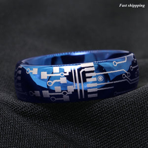 8mm Shiny Blue Dome Tungsten Carbide Ring Laser Circuit Board  Men's Jewelry