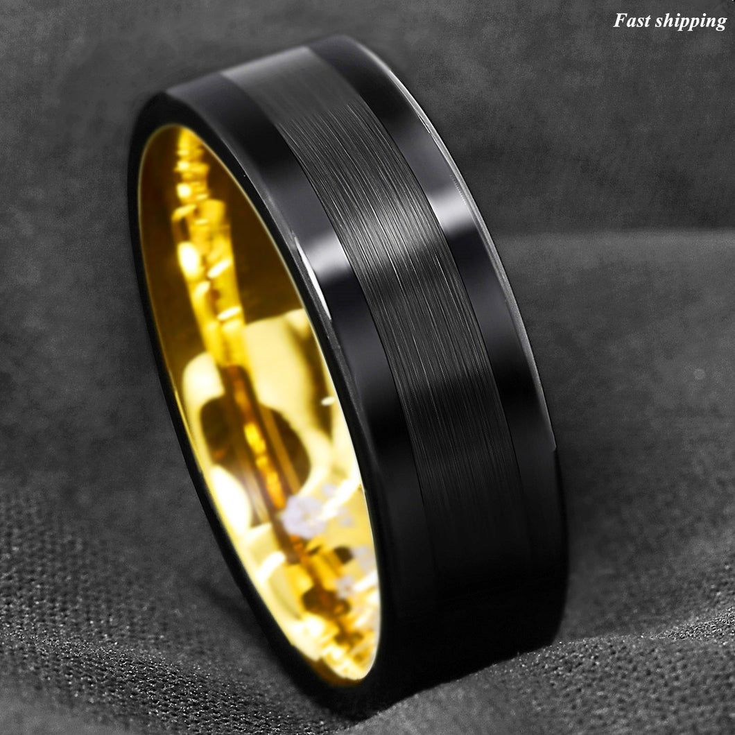 8mm Black Tungsten Carbide Ring Brushed Wedding Band 18K Gold  mens jewelry